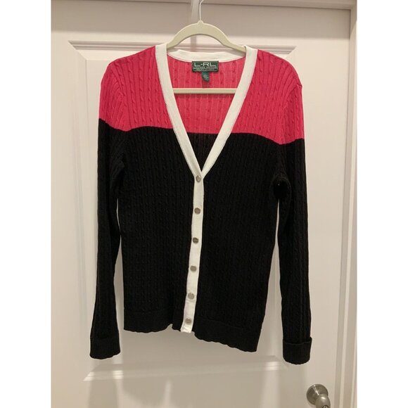 Ralph Lauren Active L-RL Cardigan Large Women's Pink Black Snaps Up White Trim - Picture 1 of 8